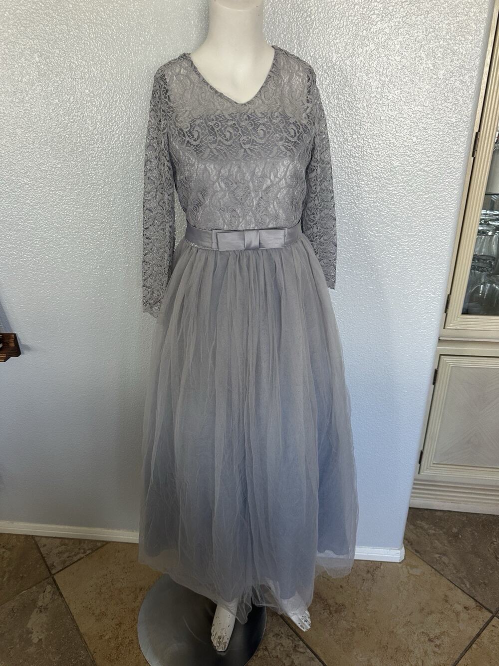 Girls Lace Pageant Party Dress Wedding Flower Girl Maxi Gowns Long Sleeve Sz 170